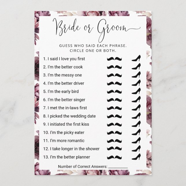 Bridal Shower Who Knows the Couple Best? Game Card (Front)