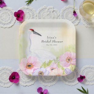 Bridal Shower Whooping Crane with Pastel Anemones Paper Plate
