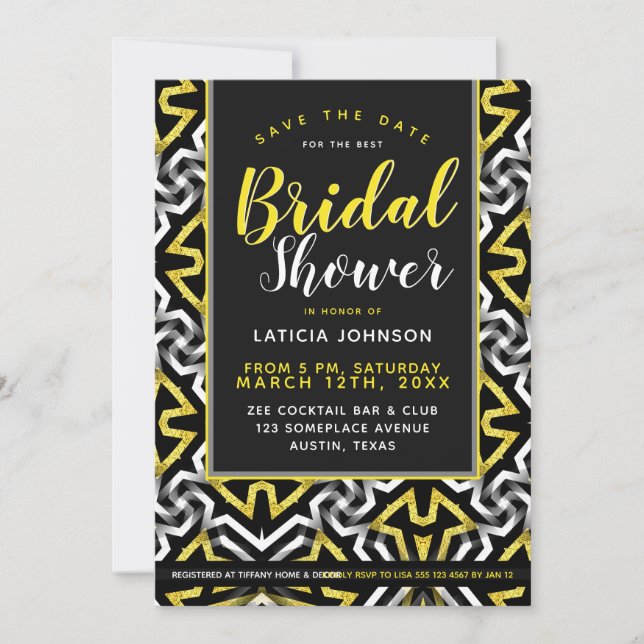 Bridal Shower • Wild Geometric Glam Gold and Black Invitation (Front)