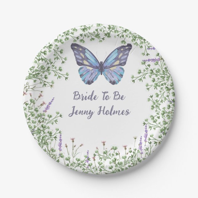 Bridal Shower Wildflower Blue Butterfly Greenery  Paper Plate (Front)