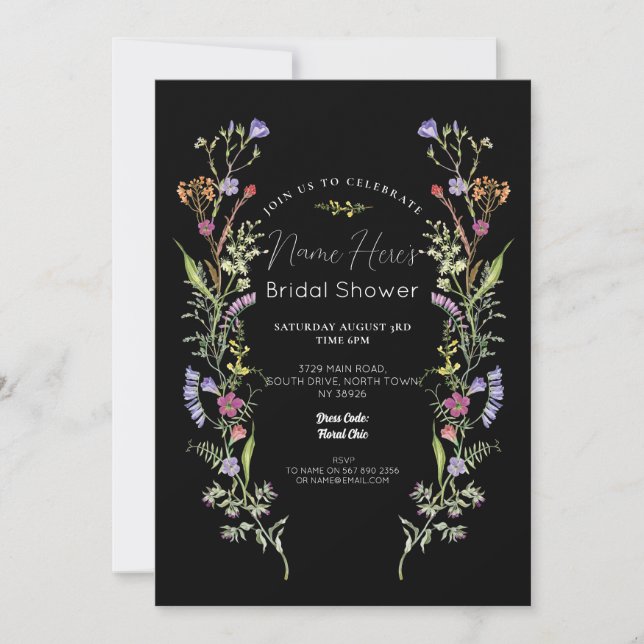 Bridal Shower Wildflowers Floral Ditsy Dark Invitation (Front)