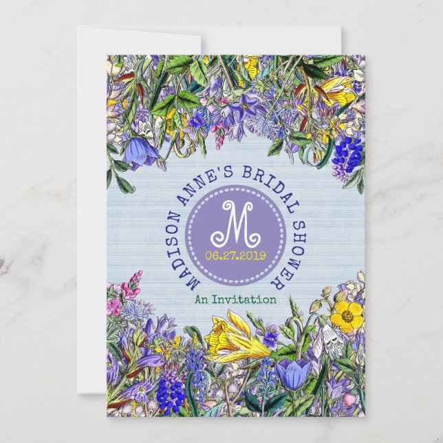 Bridal Shower Wildflowers Monogram Vintage Floral Invitation (Front)