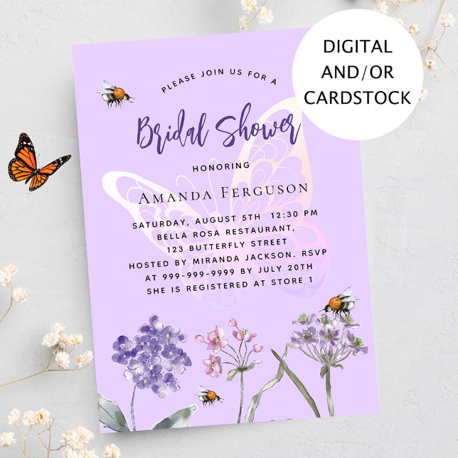 Bridal Shower wildflowers violet butterfly Invitation (Creator Uploaded)