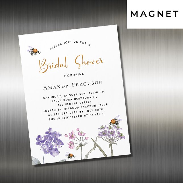 Bridal Shower wildflowers violet pink bee luxury Magnetic Invitation (Creator Uploaded)