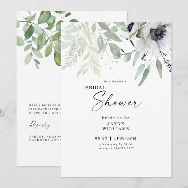 Bridal Shower Winter White Floral Botanical Invitation (Front/Back)