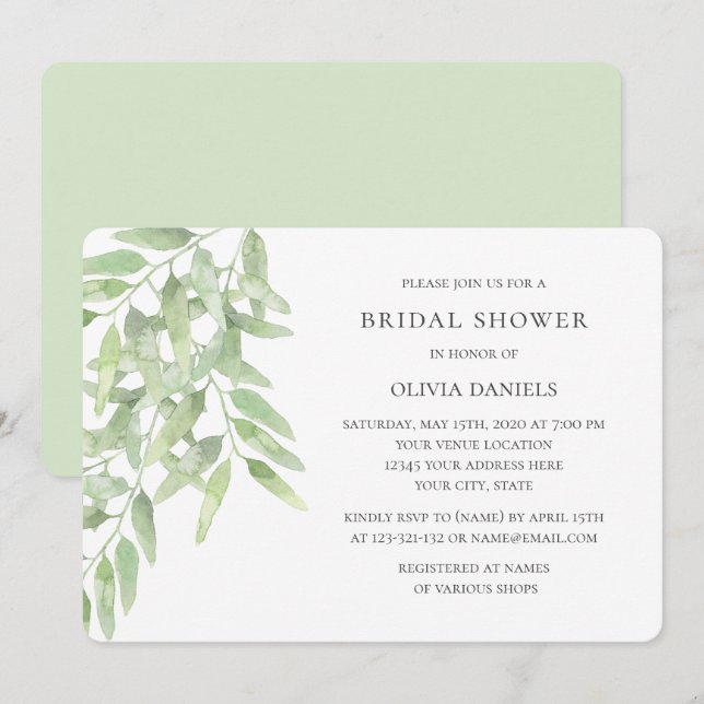 Bridal Shower with olive branches. Greenery garden Invitation (Front/Back)