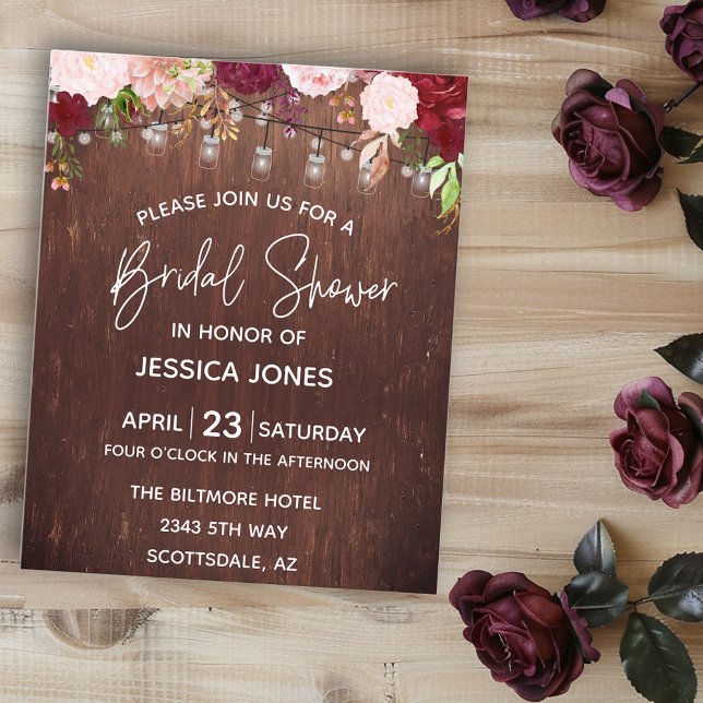 Bridal Shower Wood Burgundy Blush Pink Mason Jar I (Creator Uploaded)