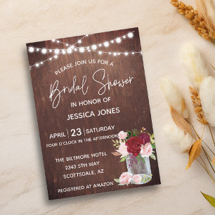 Bridal Shower Wood Burgundy Blush Pink Mason Jar Invitation
