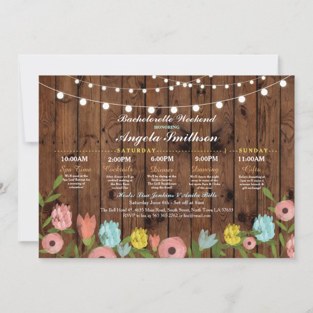 Bridal Shower Wood Floral Itinerary Bachelorette Invitation (Front)