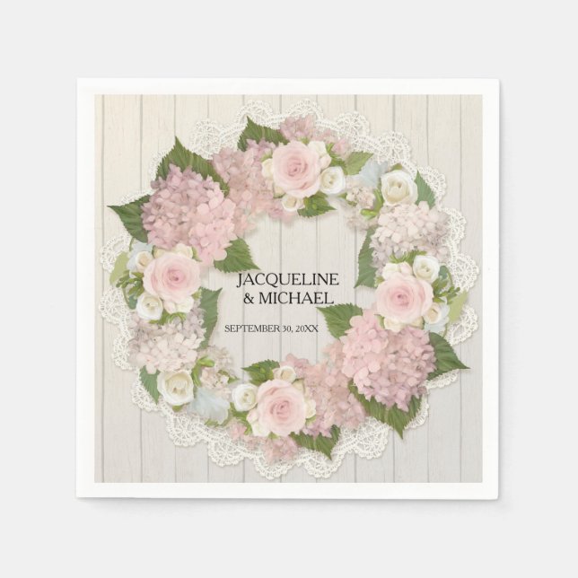 Bridal Shower Wooden Lace Hydrangea Roses Wreath Napkin (Front)