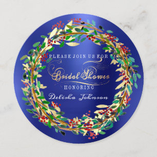 Bridal Shower Woodland Cobalt Floral Green Gold Invitation