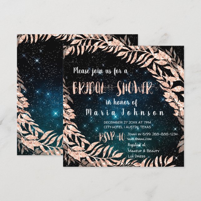 Bridal Shower Wreath Rose Gold Blue Sky Teal Stars Invitation (Front/Back)