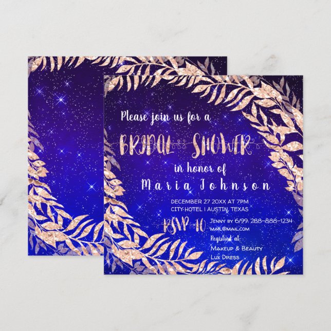 Bridal Shower Wreath Rose Gold Sky Stars Indigo Invitation (Front/Back)