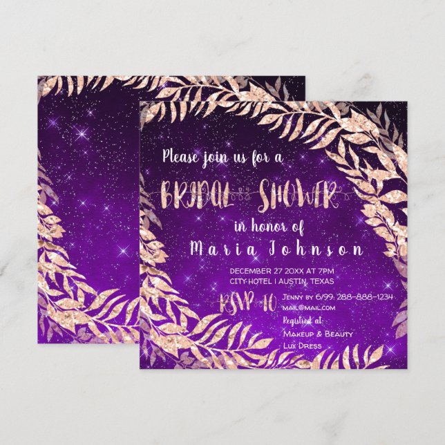 Bridal Shower Wreath Rose Gold Sky Stars Purple Invitation (Front/Back)