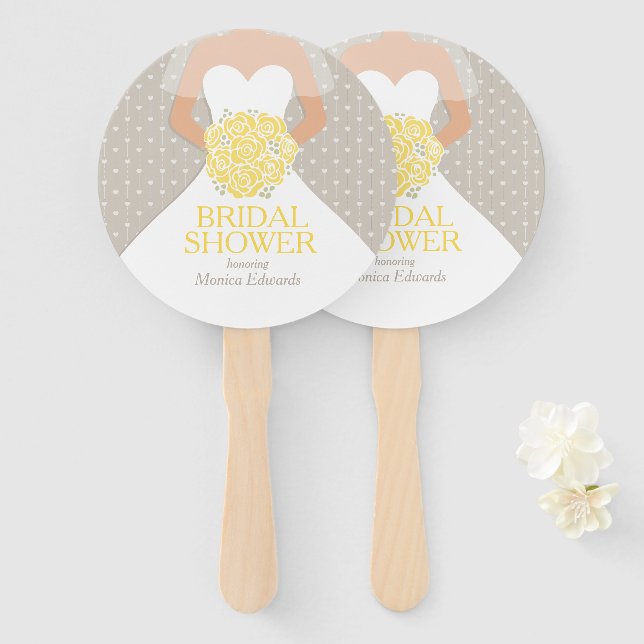 Bridal shower yellow rose white dress custom fans (Front and Back)
