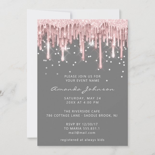  Bridal Sweet 16th  Drip Rose Glitter Grey Pink  Invitation (Front)