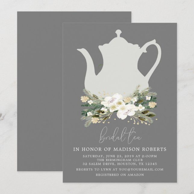 Bridal Tea Grey Watercolor Flowers Invitation (Front/Back)