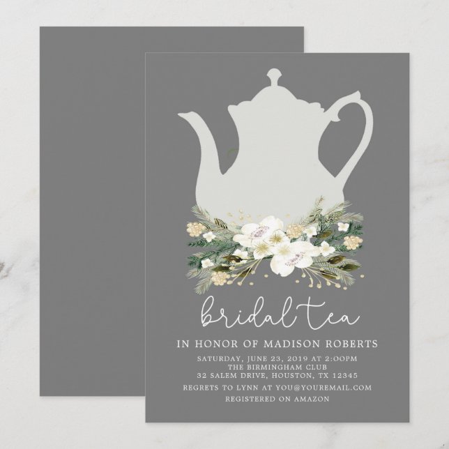 Bridal Tea Grey Watercolor Flowers Invitation (Front/Back)