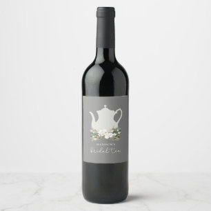Bridal Tea Grey Watercolor Flowers  Wine Label