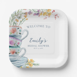 Bridal Tea Party Blue Pink floral Bridal Shower Paper Plate