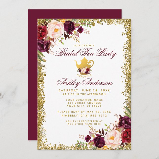 Bridal Tea Party Burgundy Gold Glitter Invite (Front/Back)