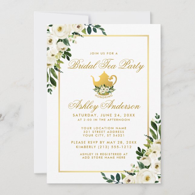 Bridal Tea Party Floral Green Gold  Invitation (Front)