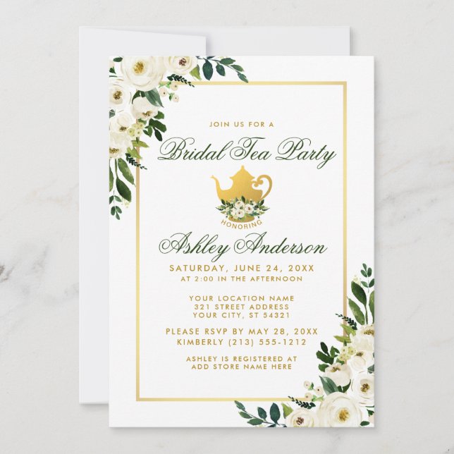 Bridal Tea Party Floral Green Gold  Invitation GS (Front)