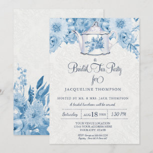 Bridal Tea Party Watercolor Navy Blue White Floral Invitation