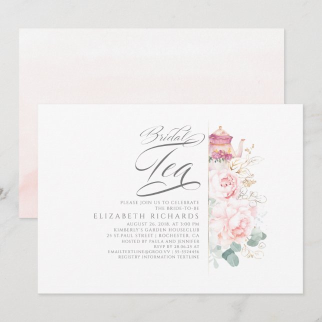 Bridal Tea Pink Flowers Bridal Shower Invitation (Front/Back)