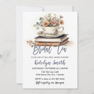 Bridal Tea Shower Dusty Blue Tea Cup Floral Book Invitation