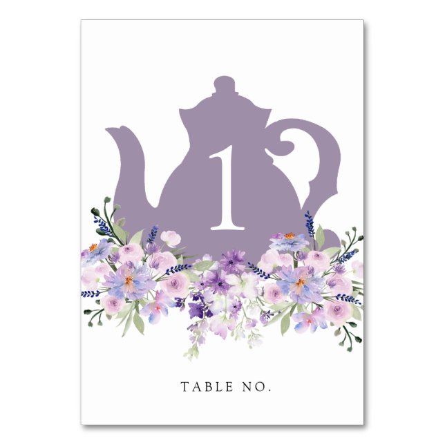 Bridal Tea Shower Purple Teapot Table Number (Front)