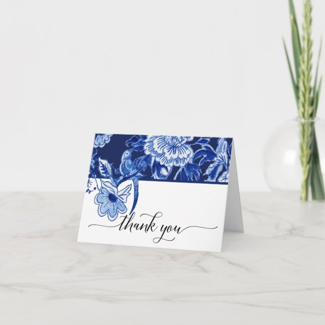 Bridal Thank You Note Navy Bird Floral Chinoiserie (Front)