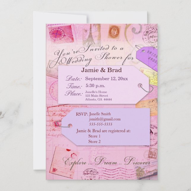 Bridal Travel Shower theme in pink and purple Invi Invitation (Front)