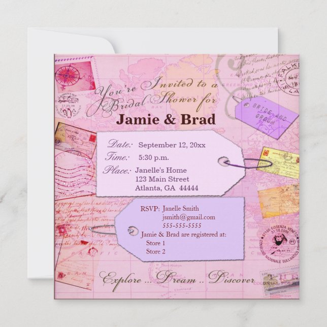 Bridal Travel Shower theme in pink and purple Invitation (Front)