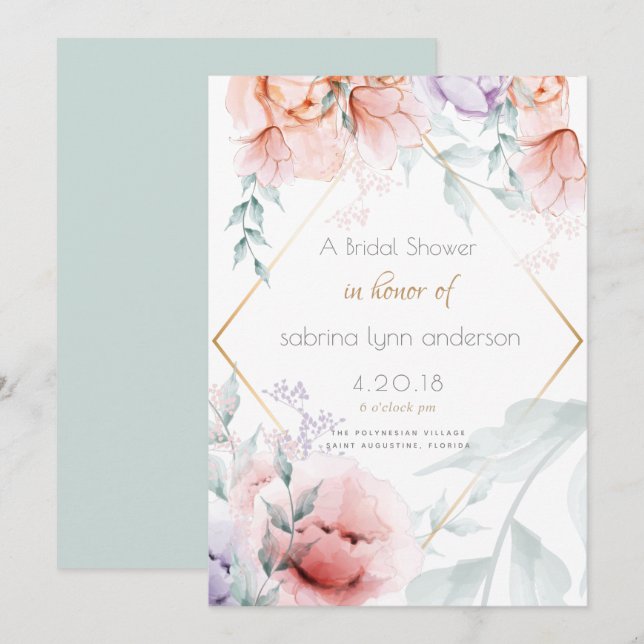 Bridal | Trendy Coral and Lilac Aquarelle Peonies Invitation (Front/Back)