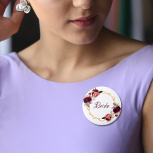 Bridal watercolored florals burgundy gold 6 cm round badge