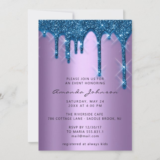 Bridal Wedding Birthday 16th Blue Purple  3D Drips Invitation (Front)