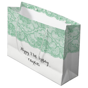Bridal Wedding Birthday Mint Green Floral Lace Large Gift Bag