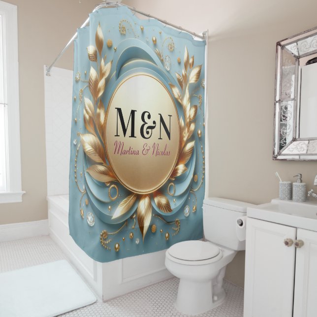 Bridal Wedding Black Monogrammed Modern Script Shower Curtain (In Situ)