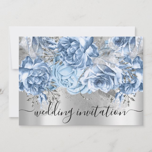 Bridal Wedding Blue Silver Grey Roses Floral Invitation (Front)