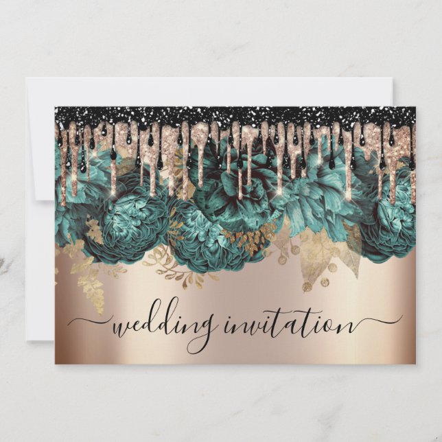 Bridal Wedding Event Rose Blue Teal Drips Flowers  Invitation (Front)