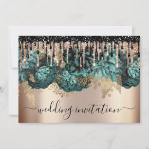 Bridal Wedding Event Rose Blue Teal Drips Flowers  Invitation