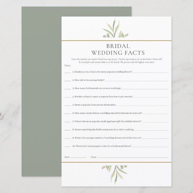 Bridal Wedding Facts Shower Game (Front/Back)