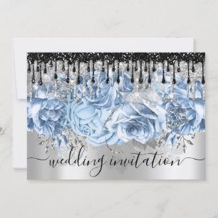 Bridal Wedding Glitter Drips Blue Silver Grey Invi Invitation