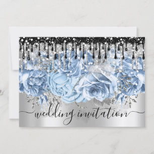Bridal Wedding Glitter Drips Blue Silver Grey Invitation