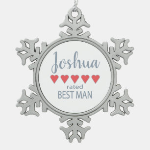 Bridal & Wedding Party 5 Heart Best Man Snowflake Pewter Christmas Ornament