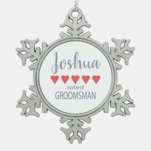 Bridal & Wedding Party 5 Heart Groomsman Snowflake Pewter Christmas Ornament