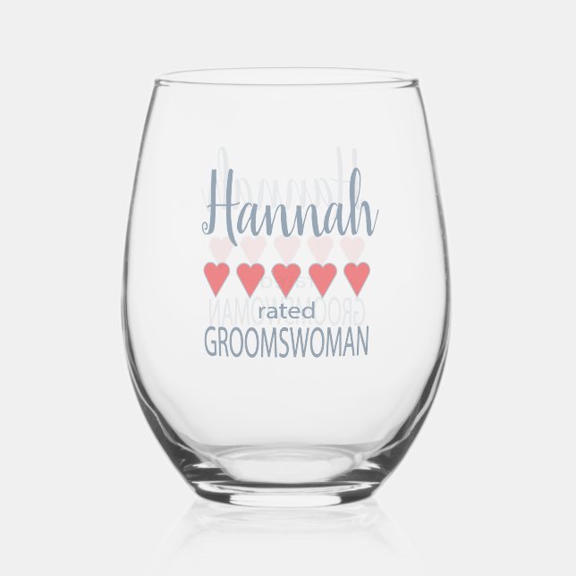 Bridal & Wedding Party 5 Heart Groomswoman Stemless Wine Glass (Front)