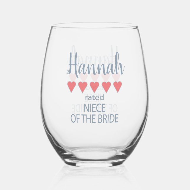 Bridal & Wedding Party 5 Heart Niece of Bride Stemless Wine Glass (Front)