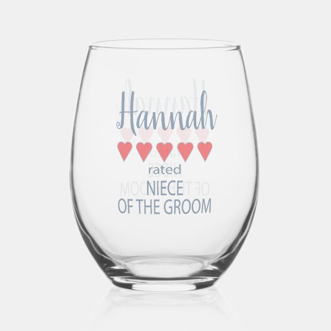 Bridal & Wedding Party 5 Heart Niece of Groom Stemless Wine Glass (Front)